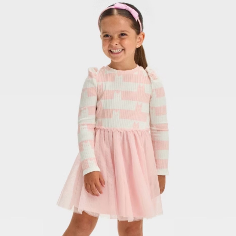 Gabbys Dollhouse Cat Pink White Stripe Tutu Dress Longsleeve 2T
